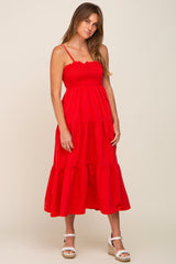 Red Smocked Open Back Tiered Midi Dress