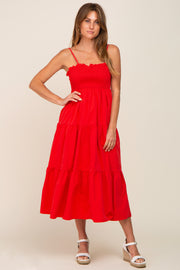 Red Smocked Open Back Tiered Midi Dress