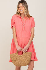 Coral Tiered Collared Linen Maternity Dress