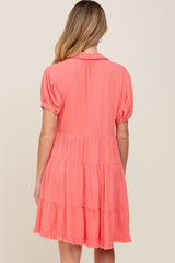 Coral Tiered Collared Linen Maternity Dress