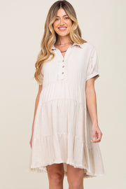 Cream Tiered Collared Linen Maternity Dress