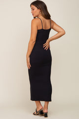 Black Ribbed Sleeveless Maternity Midi Dress