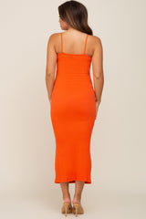 Orange Ribbed Sleeveless Maternity Midi Dress