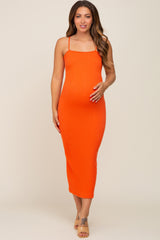 Orange Ribbed Sleeveless Maternity Midi Dress