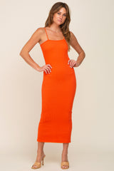 Orange Ribbed Sleeveless Midi Dress