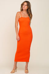 Orange Ribbed Sleeveless Midi Dress