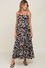 Black Palm Print Drawstring Front Tiered Maternity Maxi Dress