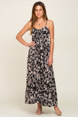 Black Palm Print Drawstring Front Tiered Maternity Maxi Dress