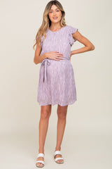 Lavender Striped Flutter Sleeve Tied Waist Maternity Dress