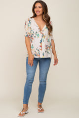 Beige Floral Smocked Sleeve Maternity Top