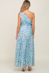 Green Floral Chiffon One Shoulder Maternity Maxi