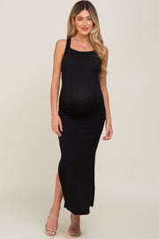 Black Rib Knit Side Slit Maternity Maxi Dress