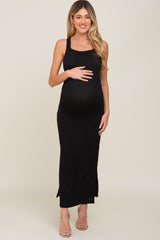 Black Rib Knit Side Slit Maternity Maxi Dress