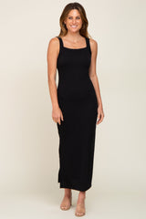 Black Rib Knit Side Slit Maxi Dress