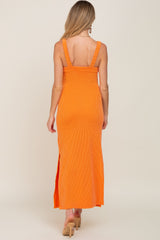 Orange Rib Knit Side Slit Maternity Maxi Dress