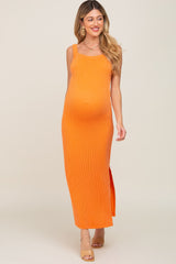 Orange Rib Knit Side Slit Maternity Maxi Dress