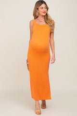 Orange Rib Knit Side Slit Maternity Maxi Dress