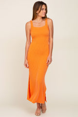 Orange Rib Knit Side Slit Maternity Maxi Dress