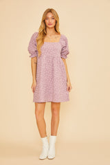 Lavender Floral Textured Square Neck Babydoll Dress