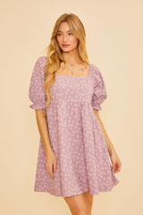 Lavender Floral Textured Square Neck Babydoll Dress