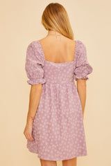 Lavender Floral Textured Square Neck Babydoll Dress