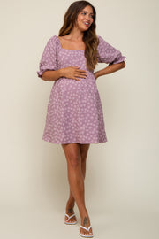 Lavender Floral Textured Square Neck Babydoll Maternity Dress