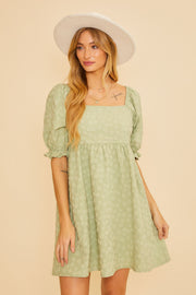 Light Olive Floral Textured Square Neck Babydoll Dress