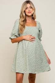 Light Olive Floral Textured Square Neck Babydoll Maternity Dress