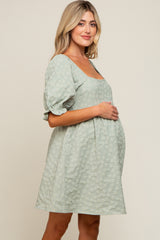 Light Olive Floral Textured Square Neck Babydoll Maternity Dress