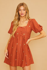 Rust Ribbed Button Front Flower Embroidered Dress