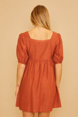 Rust Ribbed Button Front Flower Embroidered Dress