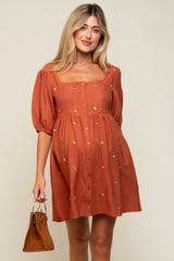 Rust Ribbed Button Front Flower Embroidered Maternity Dress