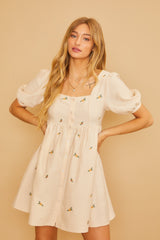 Cream Ribbed Button Front Flower Embroidered Dress