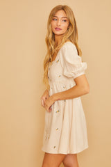 Cream Ribbed Button Front Flower Embroidered Dress