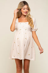 Cream Ribbed Button Front Flower Embroidered Maternity Dress