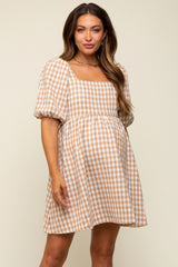 Taupe Houndstooth Tweed Square Neck Maternity Dress