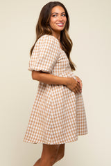 Taupe Houndstooth Tweed Square Neck Maternity Dress