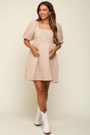 Taupe Houndstooth Tweed Square Neck Maternity Dress