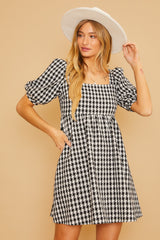 Black Houndstooth Tweed Square Neck Maternity Dress