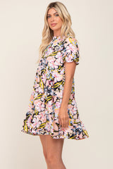 Black Floral Ruffle Mock Neck Tiered Dress