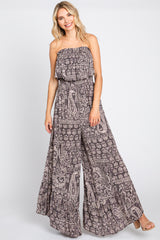 Blue Paisley Strapless Ruffle Wide Leg Jumpsuit