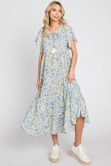 Blue Floral Tassel Tie Tiered Midi Dress