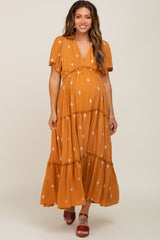 Camel Floral Embroidered Tiered Maternity Maxi Dress