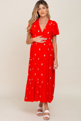 Red Floral Embroidered Tiered Maternity Maxi Dress