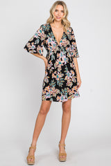 Black Floral Deep V-Neck Dress