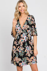 Black Floral Deep V-Neck Dress