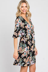 Black Floral Deep V-Neck Dress