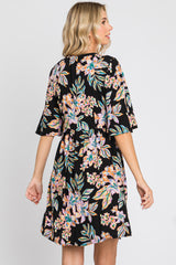 Black Floral Deep V-Neck Dress