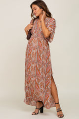 Rust Paisley Double V Short Sleeve Side Slit Maternity Maxi Dress