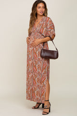 Rust Paisley Double V Short Sleeve Side Slit Maternity Maxi Dress